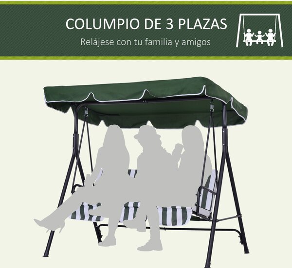 Outsunny 3-místná zahradní houpačka s nastavitelnou markýzou a ocelovou konstrukcí pro balkon, terasu, patio, nosnost 200 kg, 172x110x153 cm, zelená |