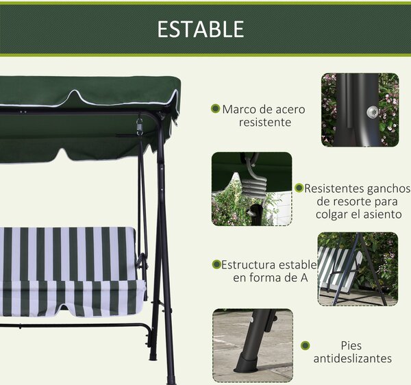 Outsunny 3-místná zahradní houpačka s nastavitelnou markýzou a ocelovou konstrukcí pro balkon, terasu, patio, nosnost 200 kg, 172x110x153 cm, zelená |
