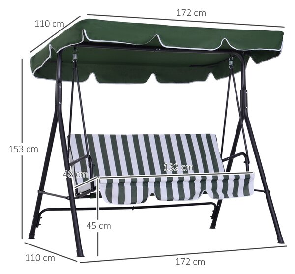 Outsunny 3-místná zahradní houpačka s nastavitelnou markýzou a ocelovou konstrukcí pro balkon, terasu, patio, nosnost 200 kg, 172x110x153 cm, zelená |