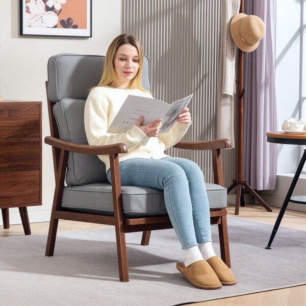 HOMCOM Křeslo do obývacího pokoje - Lounge křeslo s PU čalouněním a dřevěným rámem, silně polstrované polštáře, vysoká opěrka hlavy, nosnost 150 kg -
