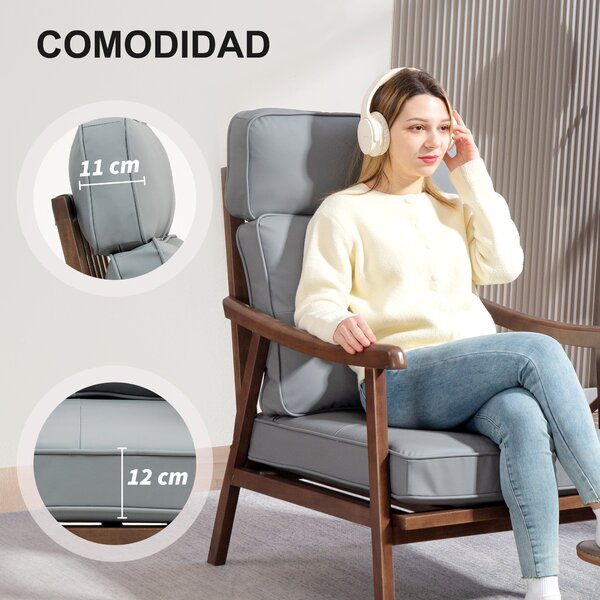 HOMCOM Křeslo do obývacího pokoje - Lounge křeslo s PU čalouněním a dřevěným rámem, silně polstrované polštáře, vysoká opěrka hlavy, nosnost 150 kg -