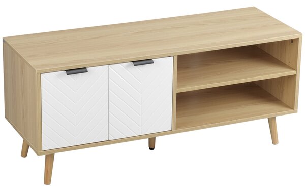 HOMCOM Moderní televizní stolek s 2 dvířky a 2 policemi pro televize do 116 cm pro ložnici 110x39x48,8 cm Přírodní a bílý | Aosom
