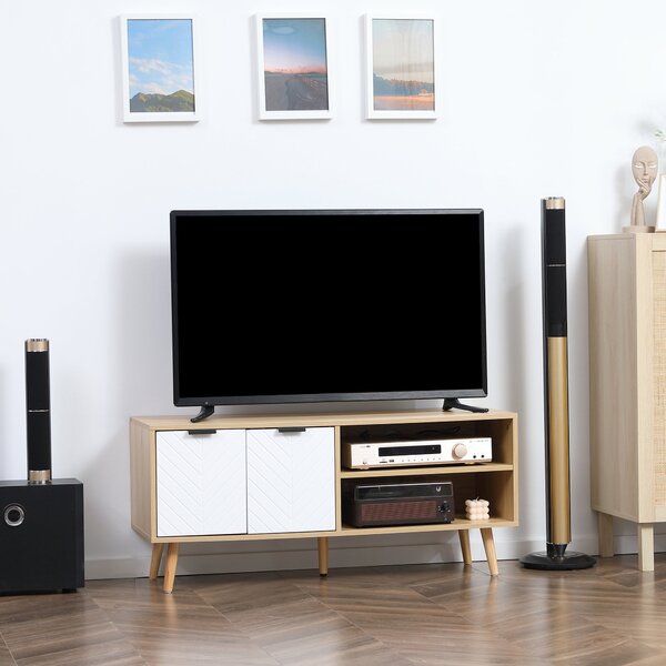 HOMCOM Moderní televizní stolek s 2 dvířky a 2 policemi pro televize do 116 cm pro ložnici 110x39x48,8 cm Přírodní a bílý | Aosom