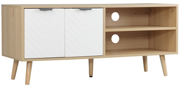 HOMCOM Moderní televizní stolek s 2 dvířky a 2 policemi pro televize do 116 cm pro ložnici 110x39x48,8 cm Přírodní a bílý | Aosom