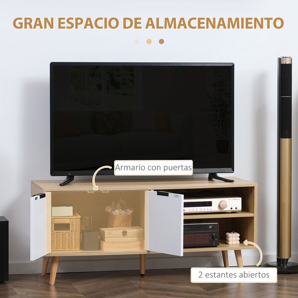 HOMCOM Moderní televizní stolek s 2 dvířky a 2 policemi pro televize do 116 cm pro ložnici 110x39x48,8 cm Přírodní a bílý | Aosom