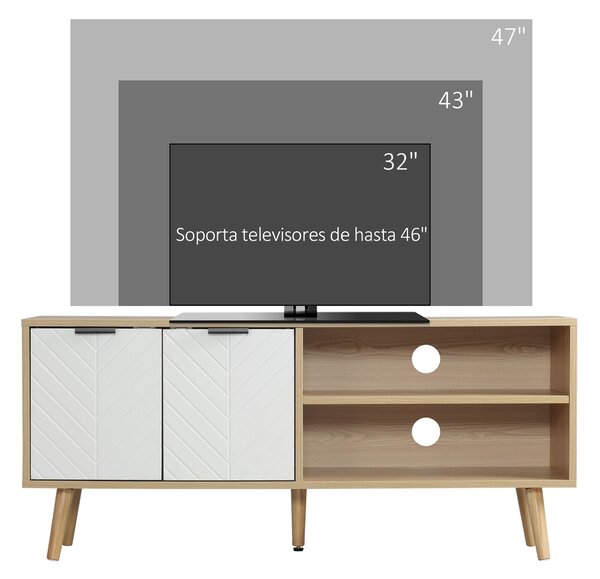 HOMCOM Moderní televizní stolek s 2 dvířky a 2 policemi pro televize do 116 cm pro ložnici 110x39x48,8 cm Přírodní a bílý | Aosom