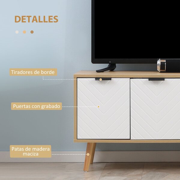 HOMCOM Moderní televizní stolek s 2 dvířky a 2 policemi pro televize do 116 cm pro ložnici 110x39x48,8 cm Přírodní a bílý | Aosom
