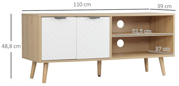 HOMCOM Moderní televizní stolek s 2 dvířky a 2 policemi pro televize do 116 cm pro ložnici 110x39x48,8 cm Přírodní a bílý | Aosom