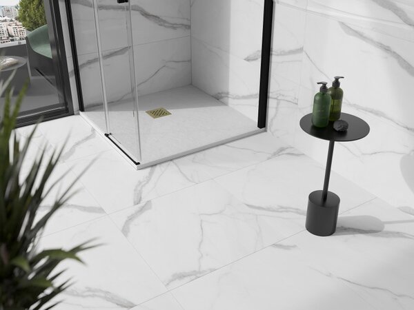 Mexen Stone+, čtvercová vanička z minerálního kompozitu 70 x 70 cm, bílá, zlatá lesklá krytka, 44107070-G