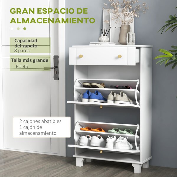 HOMCOM Úzký Botník do Předsíně se 2 Sklápěcími Zásuvkami a 1 Vyndavací Zásuvkou pro 8 Párů Bot 60x23,5x98,5 cm Bílý | Aosom