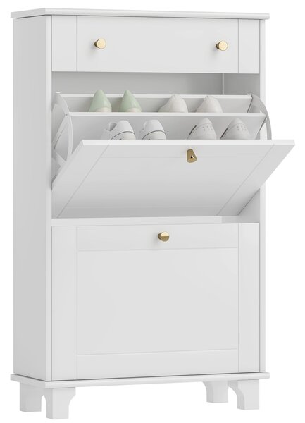 HOMCOM Úzký Botník do Předsíně se 2 Sklápěcími Zásuvkami a 1 Vyndavací Zásuvkou pro 8 Párů Bot 60x23,5x98,5 cm Bílý | Aosom
