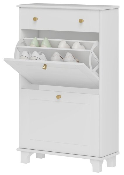 HOMCOM Úzký Botník do Předsíně se 2 Sklápěcími Zásuvkami a 1 Vyndavací Zásuvkou pro 8 Párů Bot 60x23,5x98,5 cm Bílý | Aosom