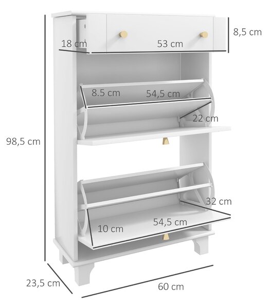 HOMCOM Úzký Botník do Předsíně se 2 Sklápěcími Zásuvkami a 1 Vyndavací Zásuvkou pro 8 Párů Bot 60x23,5x98,5 cm Bílý | Aosom