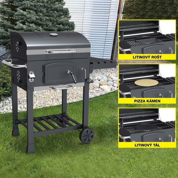 Avenberg Multifunkční BBQ gril Genius + litinový rošt + tál + pizza kámen, 70 x 103 x 105 cm