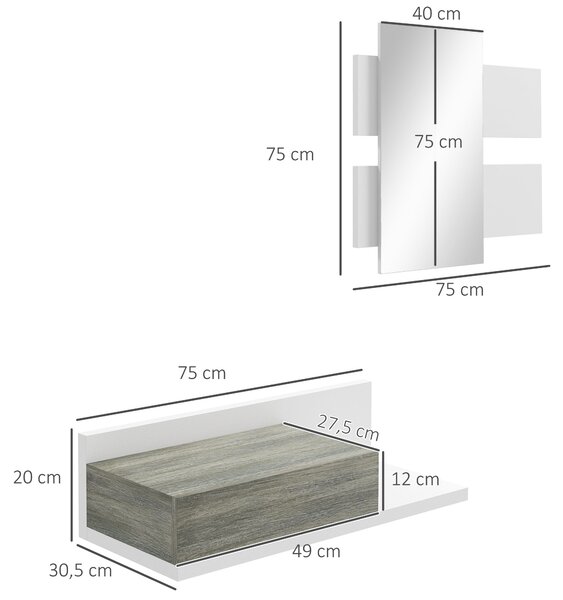 HOMCOM Sada nábytku do vstupní haly, zrcadlo a zásuvka, moderní styl 75x3,5x75 cm a 75x30,5x20 cm, bílá a šedá | Aosom