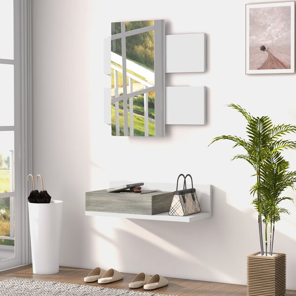 HOMCOM Sada nábytku do vstupní haly, zrcadlo a zásuvka, moderní styl 75x3,5x75 cm a 75x30,5x20 cm, bílá a šedá | Aosom
