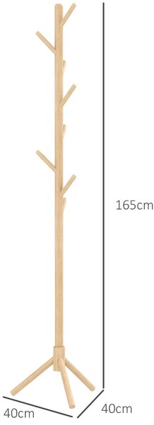 HOMCOM Stojací věšák na kabáty se 8 háčky, dřevěný věšák ve tvaru stromu pro chodbu, předsíň, ložnici 40x40x165 cm přírodní | Aosom
