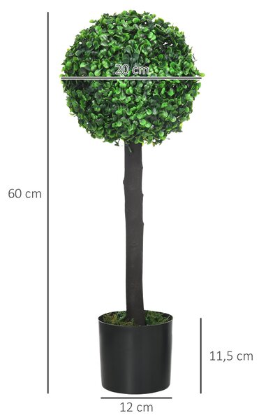 HOMCOM Sada 2 dekorativních umělých rostlin - 60 cm buxusové koule v květináčích - Umělé rostliny pro vnitřní a venkovní dekoraci domácnosti Ø20x60 cm