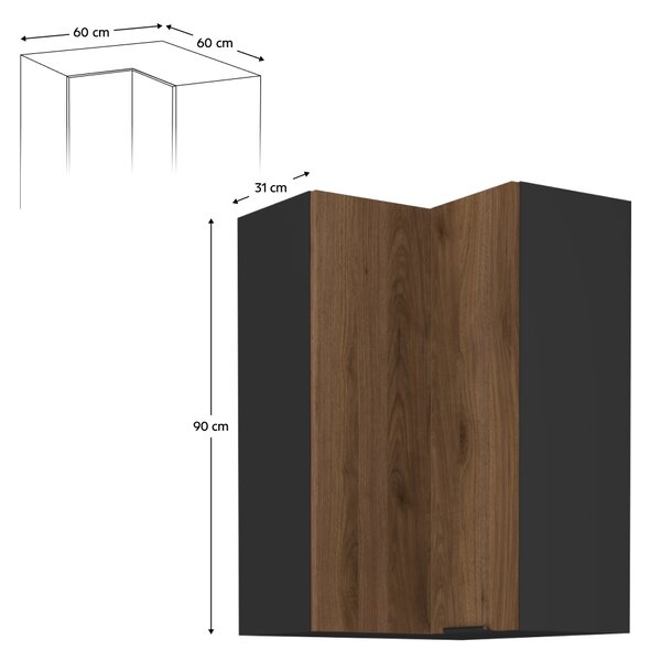 KONDELA Horní rohová skříňka, ořech okapi/černá, MENZO 60x60 GN-90 2F