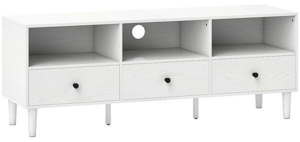 HOMCOM Moderní TV stolek do obývacího pokoje s 3 otevřenými přihrádkami, 3 zásuvkami a otvorem na kabely pro TV 45/55/65 palců 120x34x45 cm Bílý | Aos