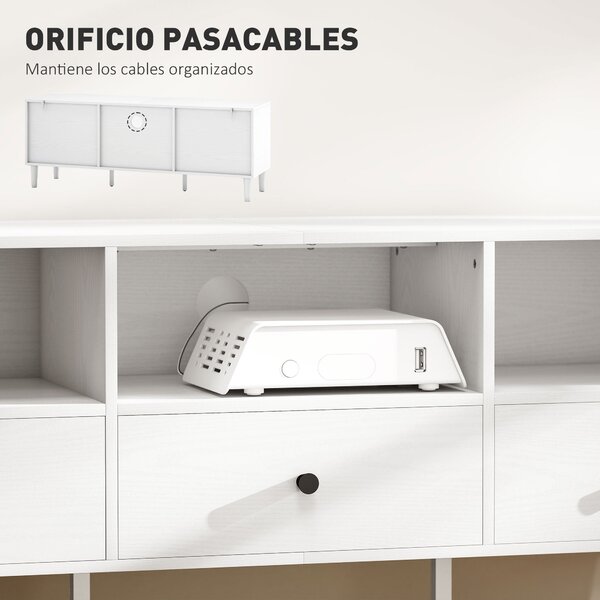 HOMCOM Moderní TV stolek do obývacího pokoje s 3 otevřenými přihrádkami, 3 zásuvkami a otvorem na kabely pro TV 45/55/65 palců 120x34x45 cm Bílý | Aos