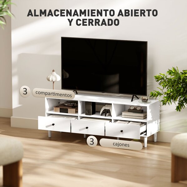 HOMCOM Moderní TV stolek do obývacího pokoje s 3 otevřenými přihrádkami, 3 zásuvkami a otvorem na kabely pro TV 45/55/65 palců 120x34x45 cm Bílý | Aos