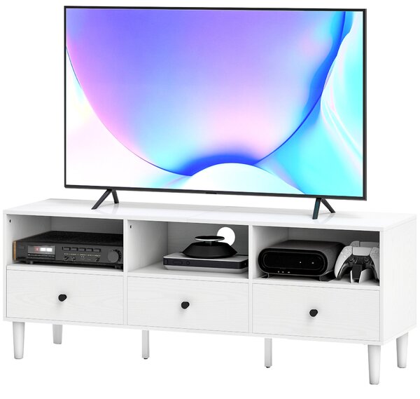 HOMCOM Moderní TV stolek do obývacího pokoje s 3 otevřenými přihrádkami, 3 zásuvkami a otvorem na kabely pro TV 45/55/65 palců 120x34x45 cm Bílý | Aos