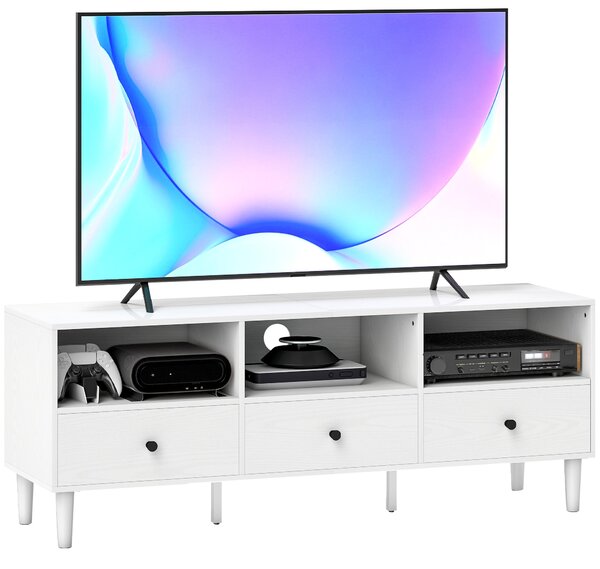 HOMCOM Moderní TV stolek do obývacího pokoje s 3 otevřenými přihrádkami, 3 zásuvkami a otvorem na kabely pro TV 45/55/65 palců 120x34x45 cm Bílý | Aos