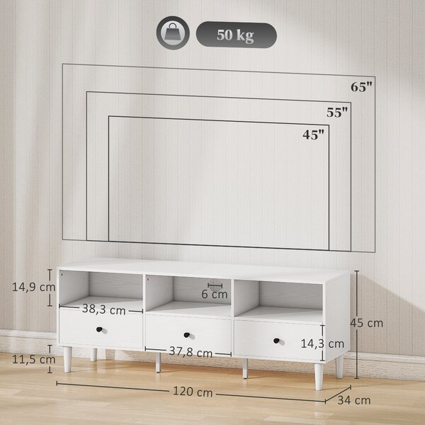 HOMCOM Moderní TV stolek do obývacího pokoje s 3 otevřenými přihrádkami, 3 zásuvkami a otvorem na kabely pro TV 45/55/65 palců 120x34x45 cm Bílý | Aos