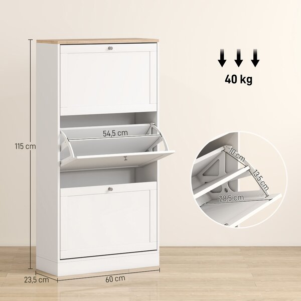 HOMCOM Úzký Botník se 3 Sklápěcími Dvířky, Úložný P prostor pro 18 Párů Bot do Úzkých Chodeb 60x23.5x115 cm Bílý | Aosom