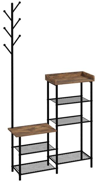 HOMCOM Stojan na kabáty se stáním na boty se 5 policemi, věšák na kabáty se 6 háčky pro zavěšení tašek a oblečení, industriální styl 92,5x28,2x182 cm