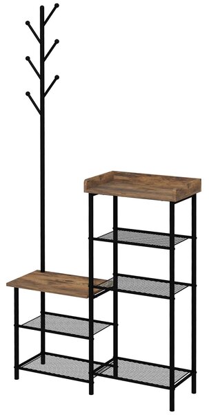 HOMCOM Stojan na kabáty se stáním na boty se 5 policemi, věšák na kabáty se 6 háčky pro zavěšení tašek a oblečení, industriální styl 92,5x28,2x182 cm