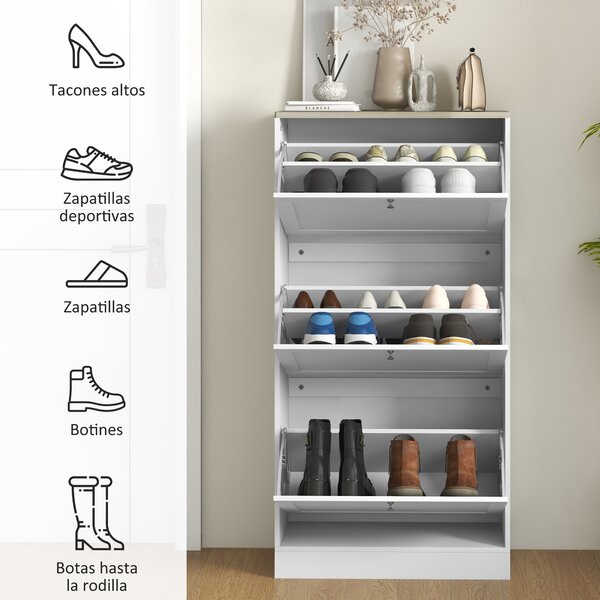 HOMCOM Úzký Botník se 3 Sklápěcími Dvířky, Úložný P prostor pro 18 Párů Bot do Úzkých Chodeb 60x23.5x115 cm Bílý | Aosom