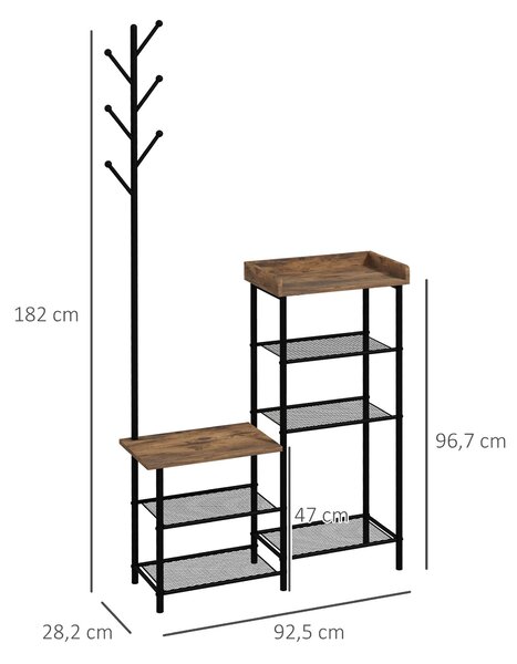 HOMCOM Stojan na kabáty se stáním na boty se 5 policemi, věšák na kabáty se 6 háčky pro zavěšení tašek a oblečení, industriální styl 92,5x28,2x182 cm