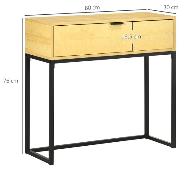 Konzolový stůl HOMCOM s šuplíkem, moderní vedlejší stůl se železnými nohami pro předsíň, obývací pokoj a ložnici 80x30x76 cm přírodní | Aosom