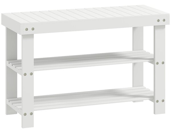 HOMCOM Bambusová botníková lavička se sedadlem, 3-patrový organizér na boty pro 6 párů do předsíně, obývacího pokoje nebo ložnice 70x28x45 cm Bílá | A