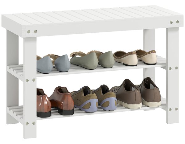 HOMCOM Bambusová botníková lavička se sedadlem, 3-patrový organizér na boty pro 6 párů do předsíně, obývacího pokoje nebo ložnice 70x28x45 cm Bílá | A