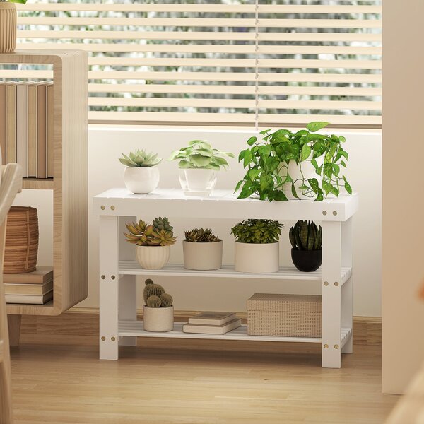 HOMCOM Bambusová botníková lavička se sedadlem, 3-patrový organizér na boty pro 6 párů do předsíně, obývacího pokoje nebo ložnice 70x28x45 cm Bílá | A