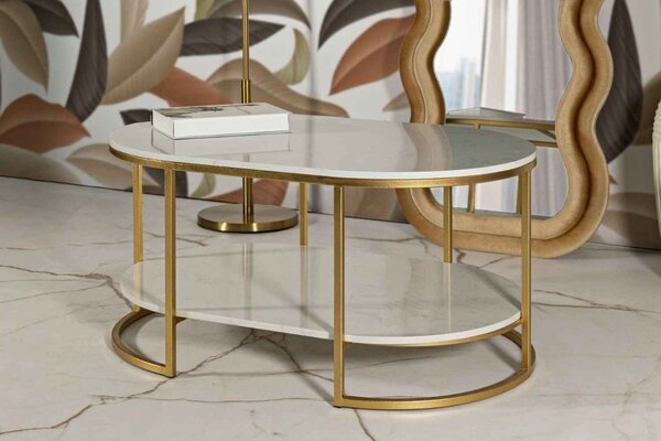Designový konferenční stolek Bannister 90 cm bílý / zlatý