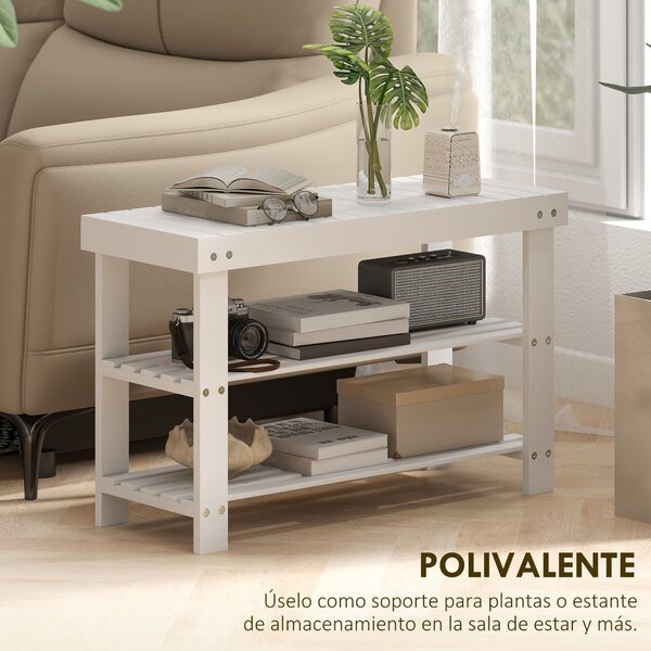 HOMCOM Bambusová botníková lavička se sedadlem, 3-patrový organizér na boty pro 6 párů do předsíně, obývacího pokoje nebo ložnice 70x28x45 cm Bílá | A