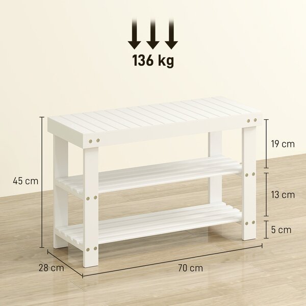 HOMCOM Bambusová botníková lavička se sedadlem, 3-patrový organizér na boty pro 6 párů do předsíně, obývacího pokoje nebo ložnice 70x28x45 cm Bílá | A