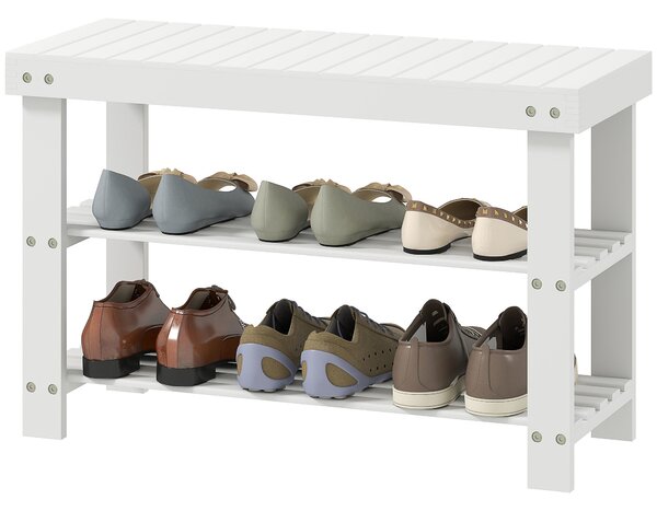 HOMCOM Bambusová botníková lavička se sedadlem, 3-patrový organizér na boty pro 6 párů do předsíně, obývacího pokoje nebo ložnice 70x28x45 cm Bílá | A