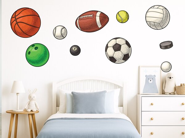 Sportovní míče textilní přelepitelné samolepky na zeď arch 75 x 41 cm