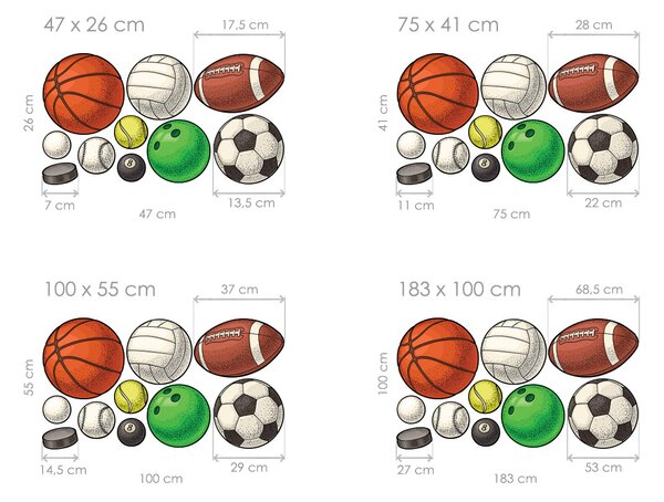 Sportovní míče textilní přelepitelné samolepky na zeď arch 75 x 41 cm