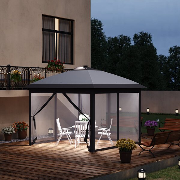 Outsunny Zahradní Altán 3,3 x 3,3 m Skladací Altán s LED, USB Nabíjecím Portem a Síťovanými Bočními Stěnami, Zahradní Altán s Ochranným Pokrytím a Taš