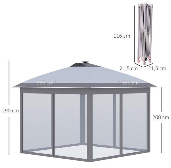 Outsunny Zahradní Altán 3,3 x 3,3 m Skladací Altán s LED, USB Nabíjecím Portem a Síťovanými Bočními Stěnami, Zahradní Altán s Ochranným Pokrytím a Taš