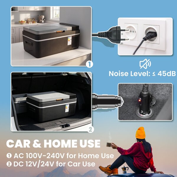 Outsunny kompresorová lednička 20 l, -20 °C až 20 °C, přenosná, ovládání přes aplikaci, LED, USB, ochrana baterie, 12/24 V & 100–240 V AC | Aosom