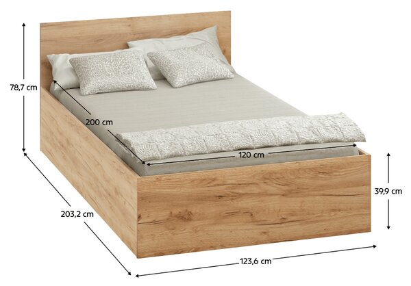 KONDELA Postel s kovovým roštem a úložným prostorem, 120x200, dub craft zlatý, DOLI