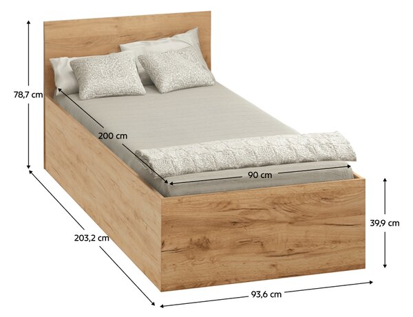 KONDELA Postel s kovovým roštem a úložným prostorem, 90x200, dub craft zlatý, DOLI