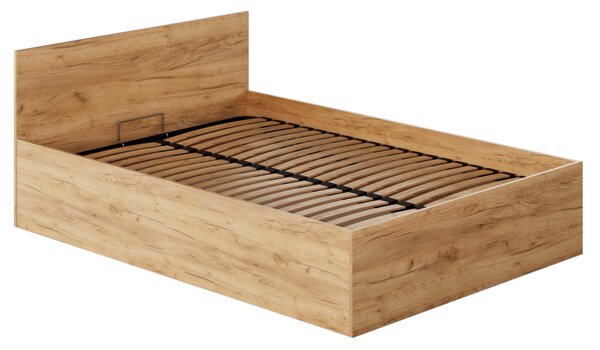 KONDELA Postel s kovovým roštem a úložným prostorem, 120x200, dub craft zlatý, DOLI